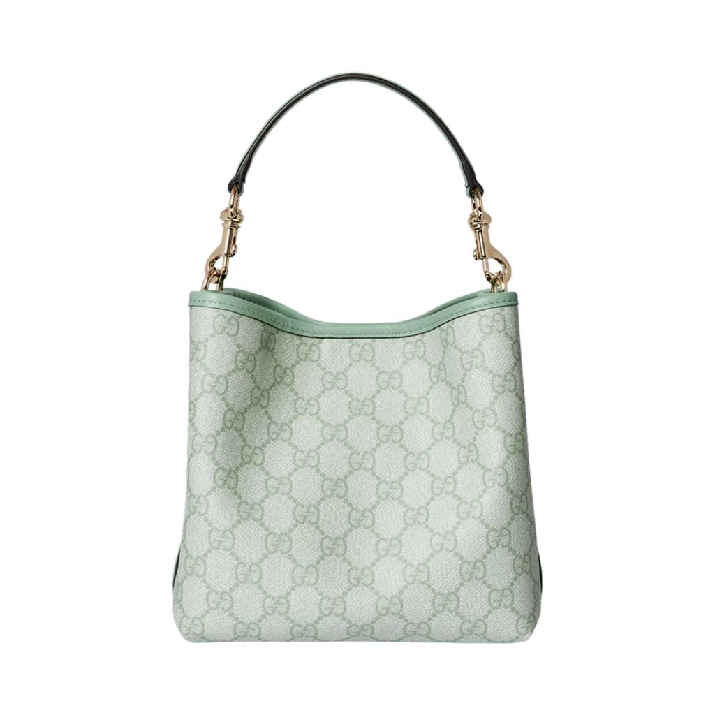 Gucci GG Emblem Monogram Magnetic Closure GG Letter Coated Fabric Bucket Bag Mini Women Handbags Sage-Green 815118-FAD6L-8458