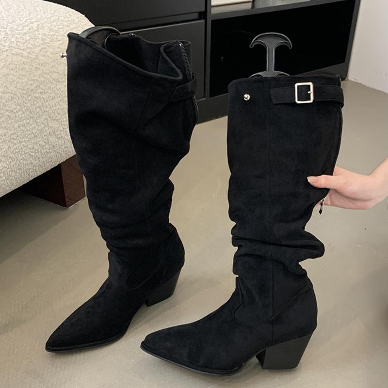 

Fashion Eilyken Winter Vintage Pleated Knee High Boots Women Designer Buckle Pointed Toe Chunky Heels Zipper Botines De Mujer 35 чёрный