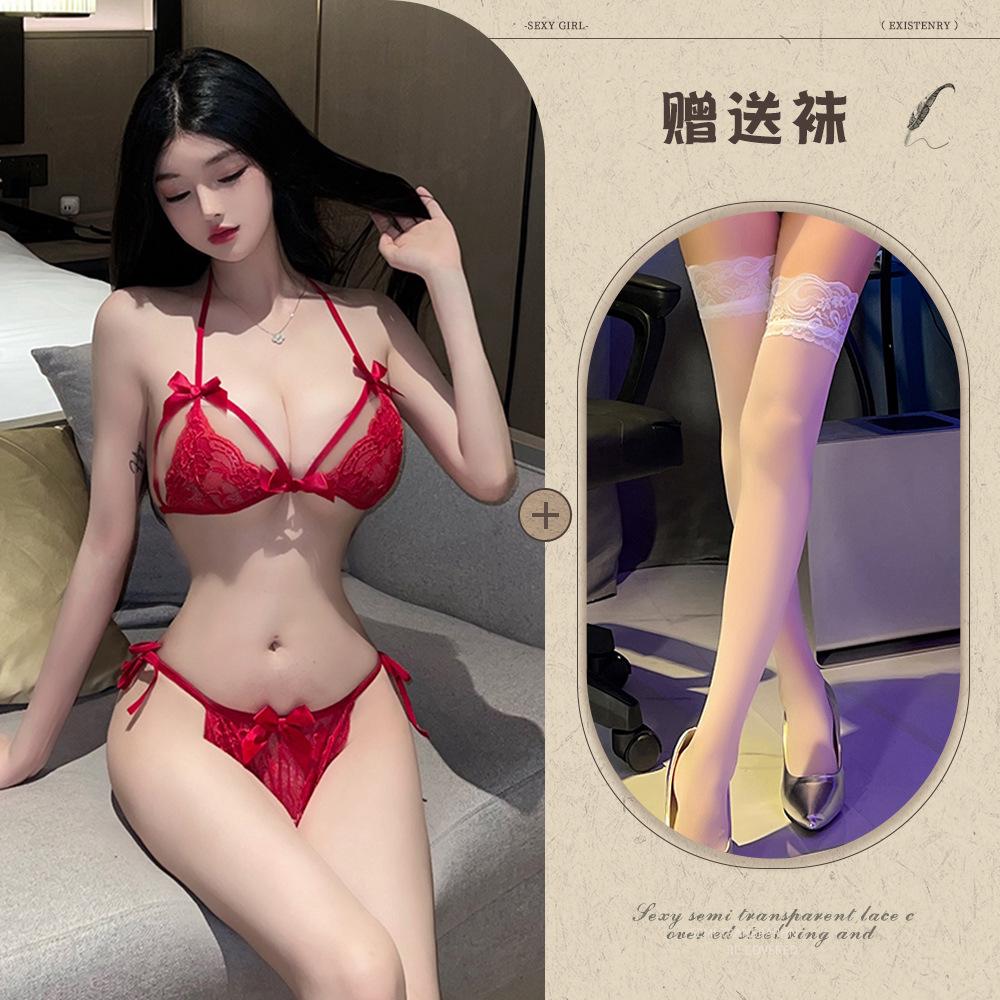 Sex underwear sexy lace three-point bra underwear women's transparent temptation pure desire women's pajamas