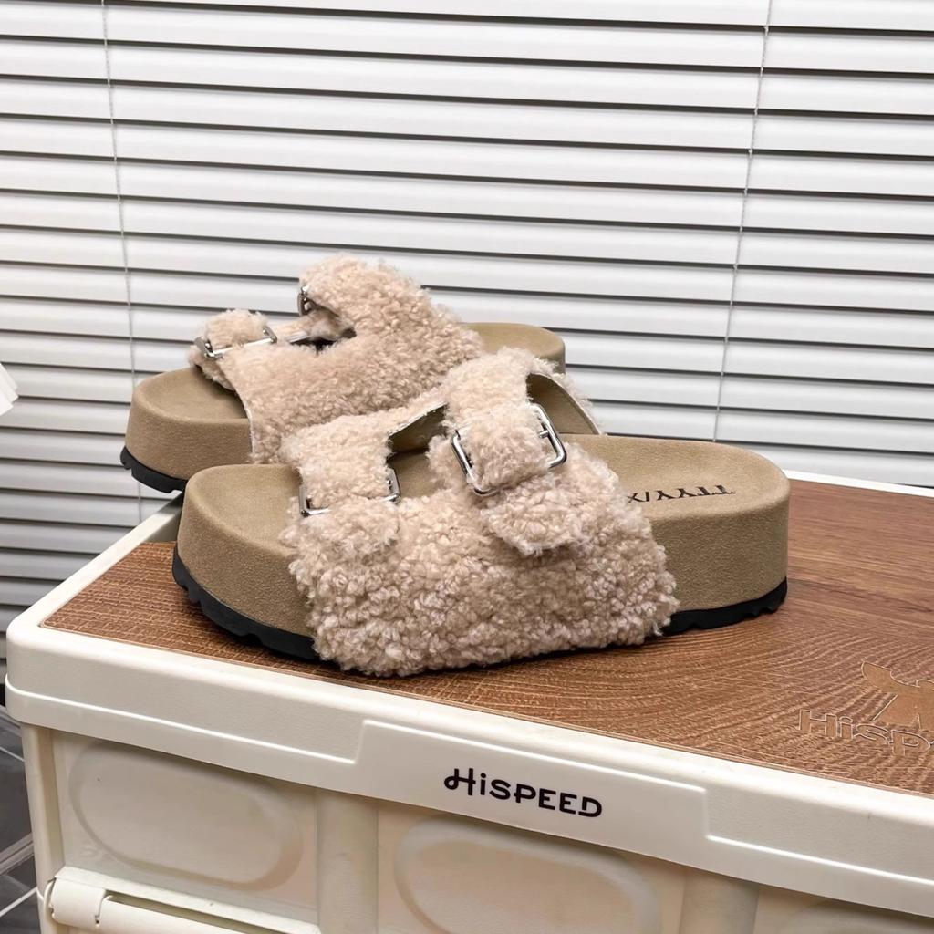 Spring and Autumn New Wool Slippers Women's Cork Slippers Casual One-Word Slippers Women's Summer Outer Wear Fluffy Slippers Women