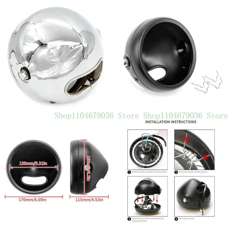 652F Motorcycle Matte Black Headlight 5.75inch Retro Bucket Motorcycle Modified Headlight Base LED Headlight for Shell