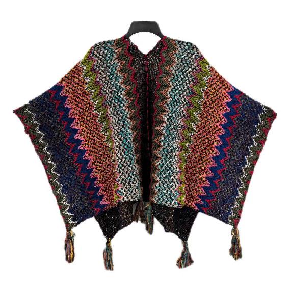 Shawl Wraps for Women Boho Knit Poncho Ladies Rainbow Casual Loose Striped Fringe Blanket Scarf