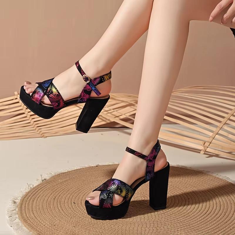 Fashion 2025 Women's Shoes Buckle Strap Women's Sandals Fashion Printing Dress Sandals Women Summer Plus Size Peep Toe Heeled Sandals