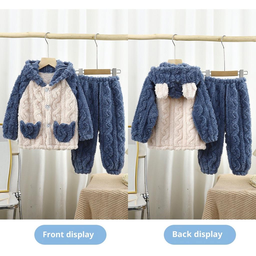 Kinderpyjama Herbst und Winter Dick Kapuze Langarm Hose Cartoon mit Taschen Hauskleidung