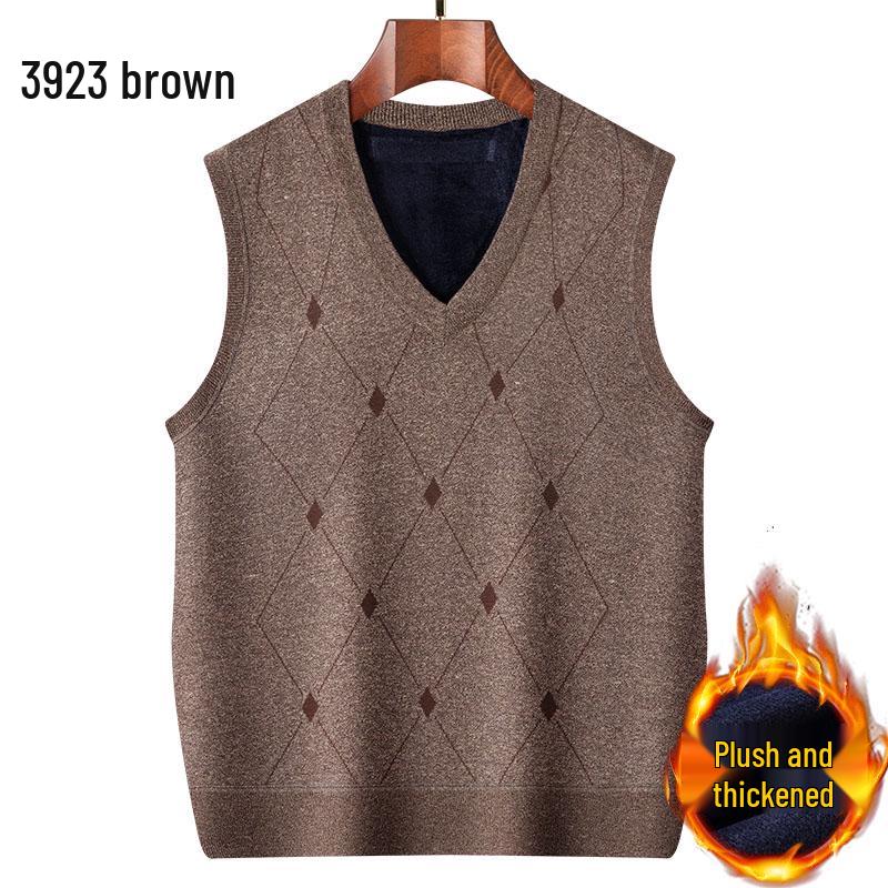 Dad's Fleece-Lined Sweater Vest: Warm Knitted Base Layer for Middle-aged and Elderly Men in Autumn and Winter.