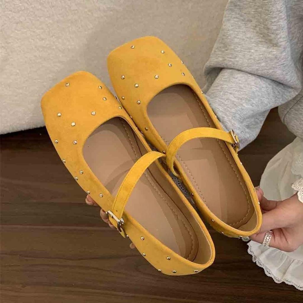 Rivet suede square head shallow mouth single shoes female spring gentle fairy wind French casual flat Mary Jane shoes