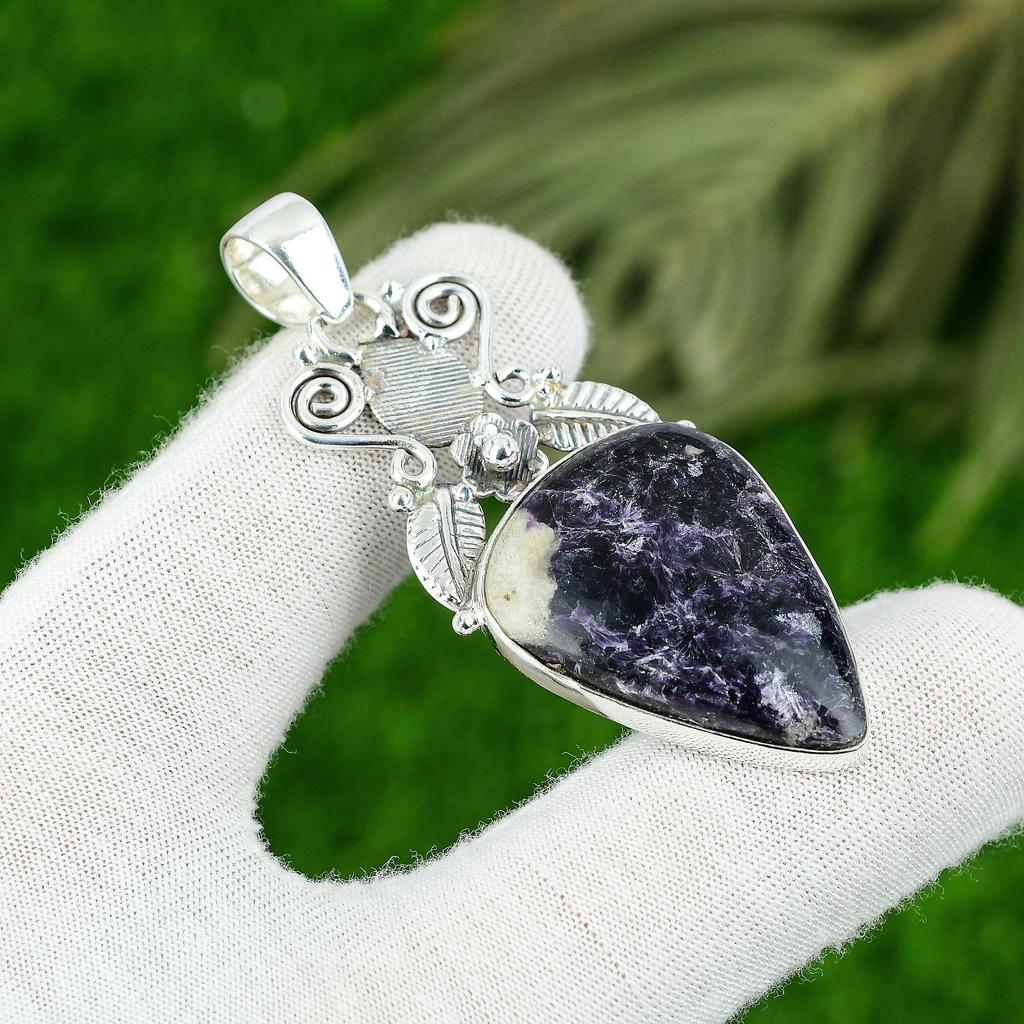 Pear Third Eye Chakra Natural Lepidolite 925 Silver Bezel Art Deco Wife Pendant