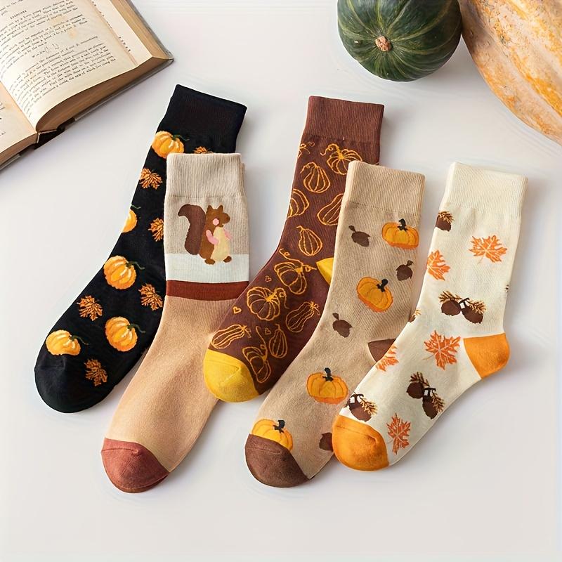 Autumn-Inspired 5 Pairs of Knee-Length Socks with Cartoon Squirrels and Pumpkins Design, Comfortable Fit Polyester Blend with Stretch