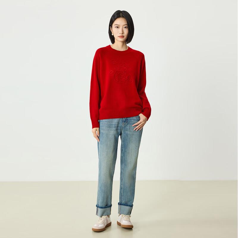 Northern Deer 100% Merino Wool New Year Red Koi Pullover Sweater