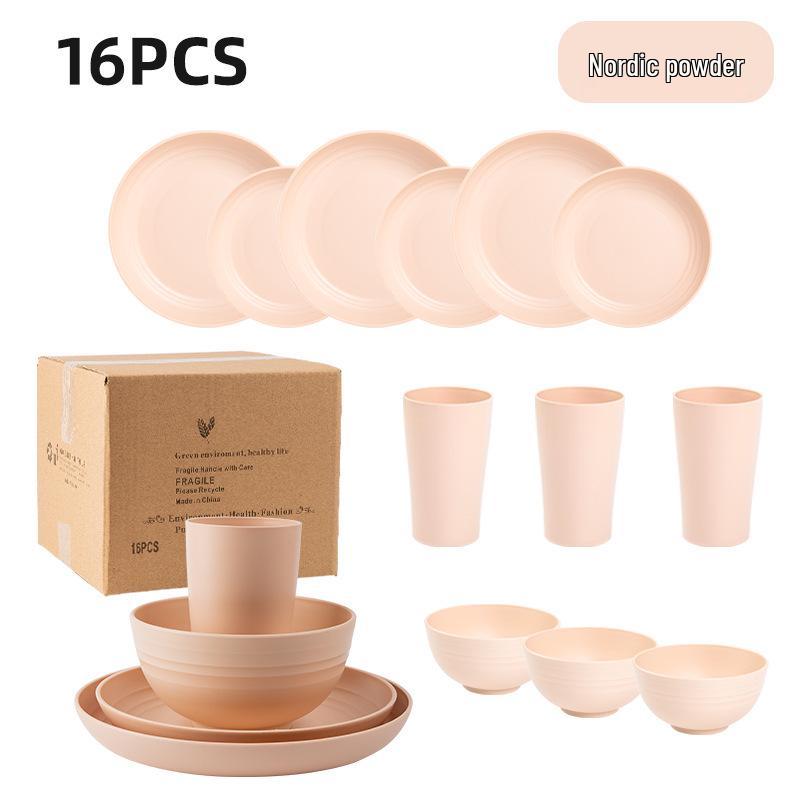 Cross-border Plastic Tableware Set: Plates, Bowls, Cups, Vomit Bowls, 24-Piece for Home Use.