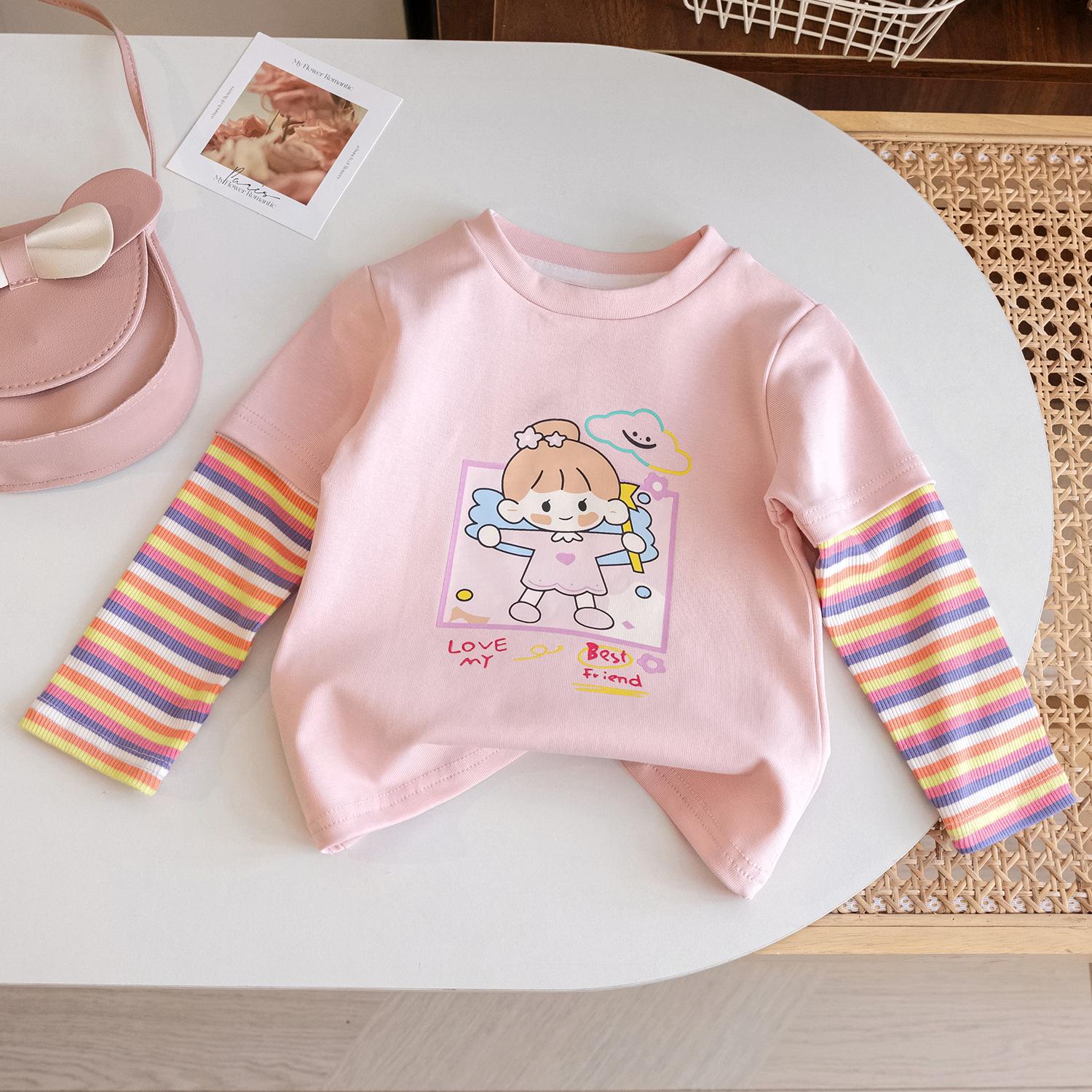 

Футболка из хлопка в полоску с длинными рукавами и рисунком для девочек для маленьких и средних детей - весна/осень 130cm