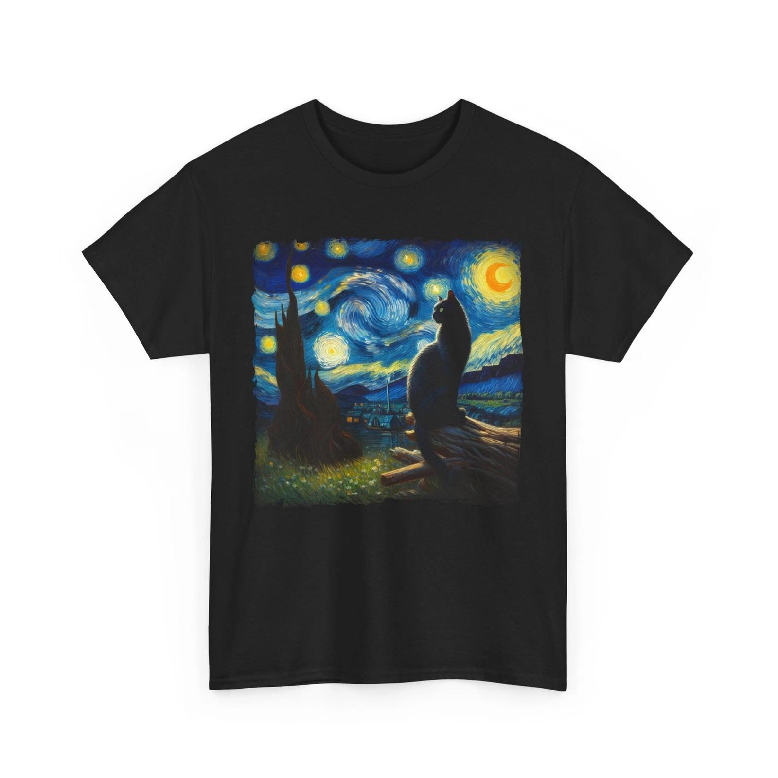 Van Gogh Aesthetic T-Shirt | Black Cat Starry Night Shirt M