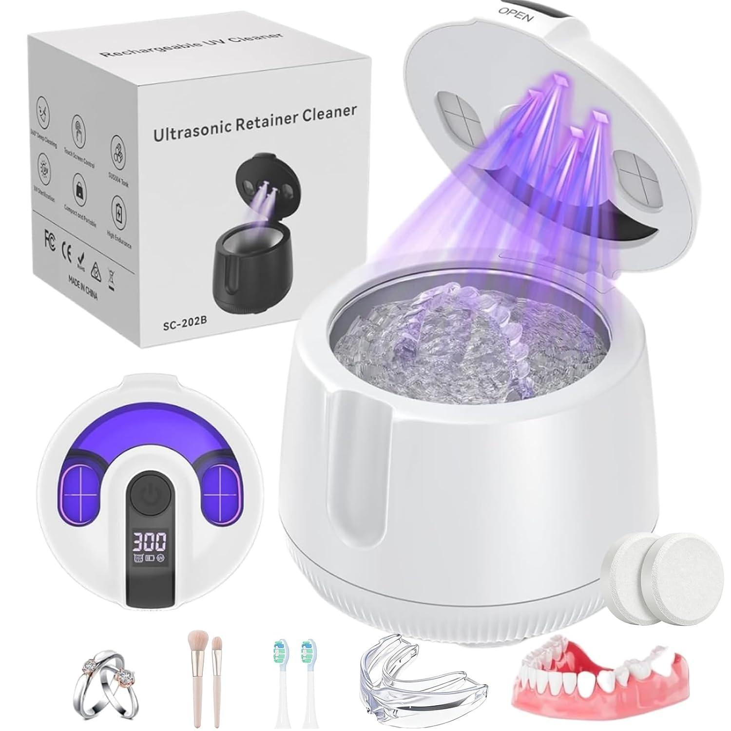 Ultrasonic Retainer Cleaner Machine 48kHz, Cordless Dental Cleaning Pod, Ultrasonic Retainer Cleaner for Aligners, Dentures, Mouth Guards белый