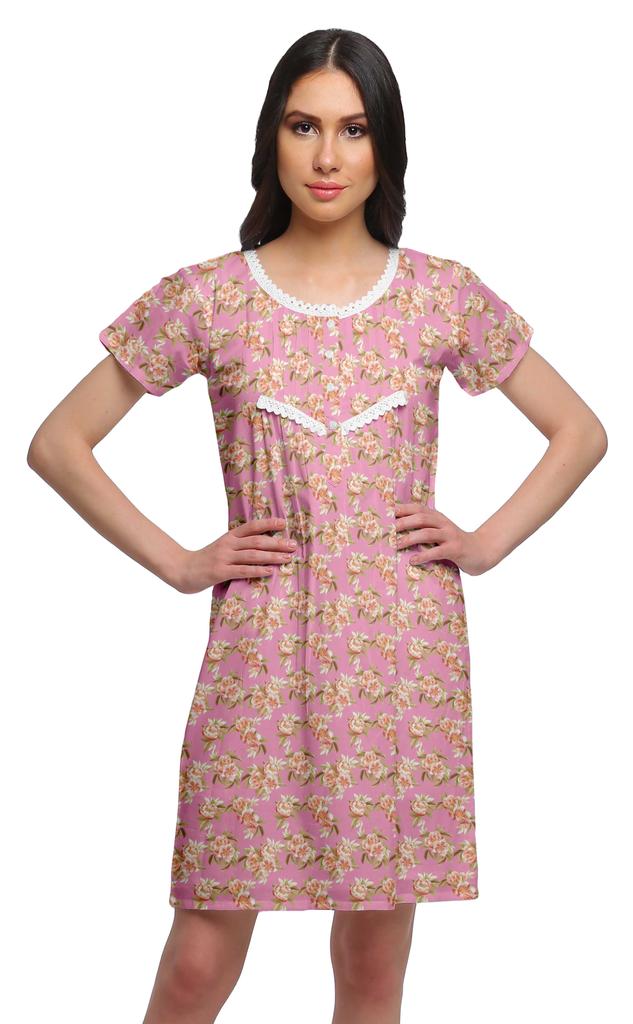Moomaya Cotton Lace Neckline Sleepwear For Women Button Placket Nightdress