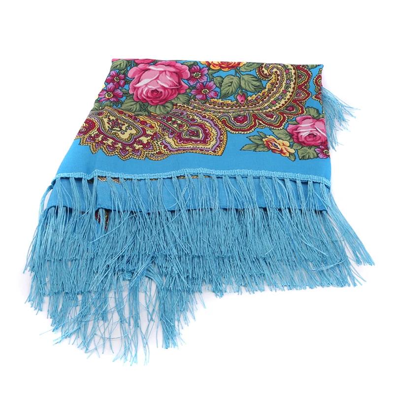 Women's Vintage Floral Print Shawl - Square Ethnic Scarf With Four-Sided Tassels For Travel & Dust Protection 