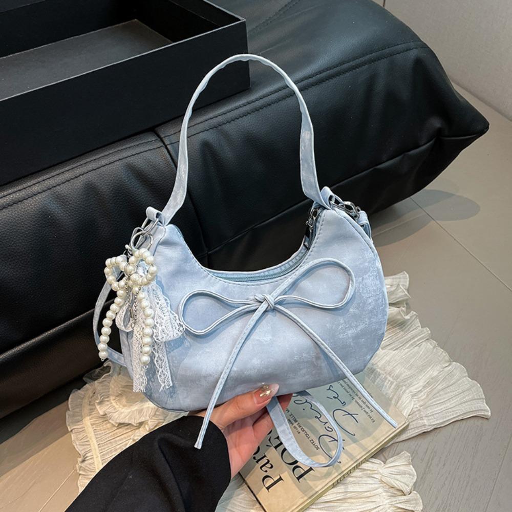 Lace Pearl Pendant Bow Shoulder Bag Large Capacity French Style Handbag PU Hobo Bag  Streetwear