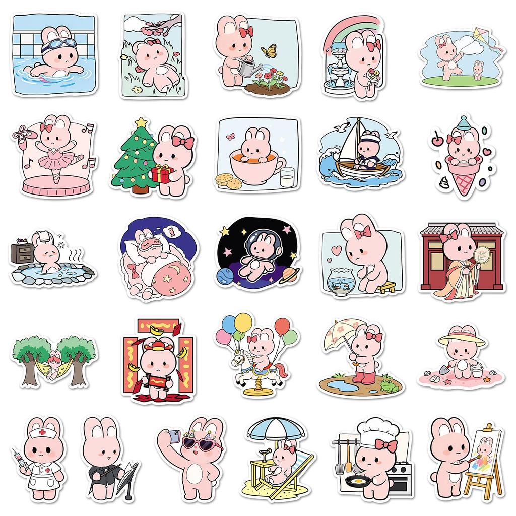 51 Cute Pink Rabbit Cartoon Stickers - Hand-Painted, Waterproof, Perfect for Laptops & Stationery