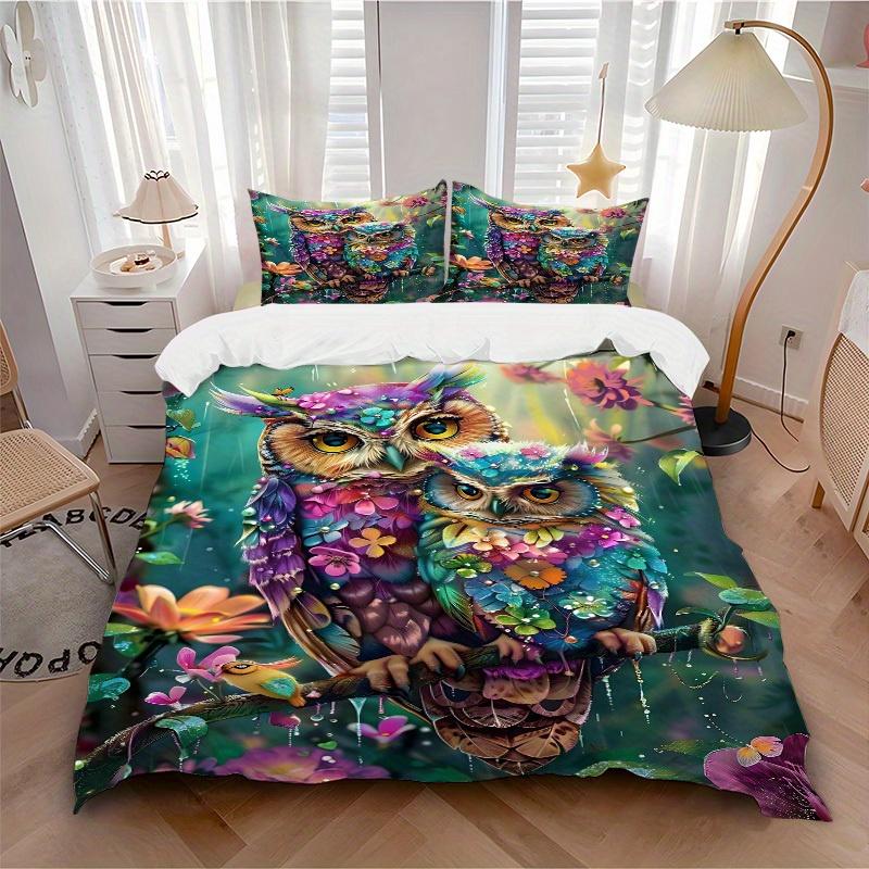 

3pcs Animal-themed Floral Owls Soft and Comfortable Breathability, Bedding Set, Machine Washable, Suitable for All Seasons131 135x200cm