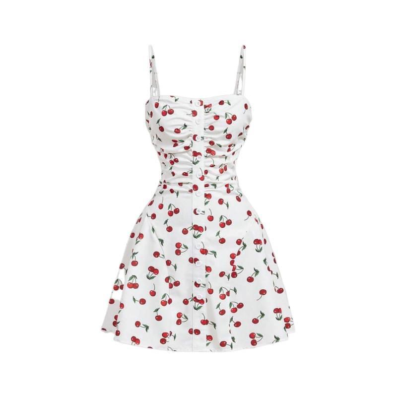 Europe, America 2026 summer new temperament vacation flower print pleated design suspender dress