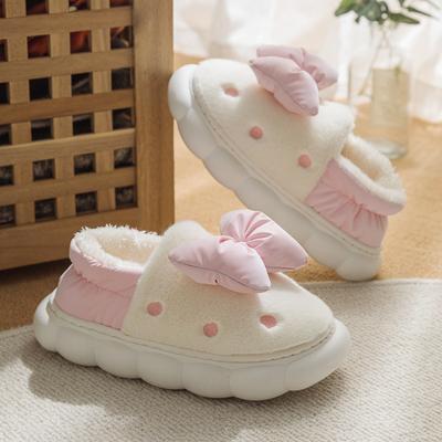 Winter Woman Pink Slippers Comfortable Home Warm Furry Bow Girl Shoes Indoor Home Non-slip Ladies Plush Cotton Slippers