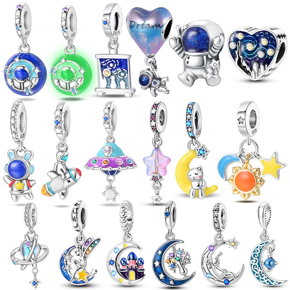 Original Glowing Astronaut'S Heart Starry Sky Moon Pendant Charms Beads Fitcopper Bracelet Accessories Women Diy Gift