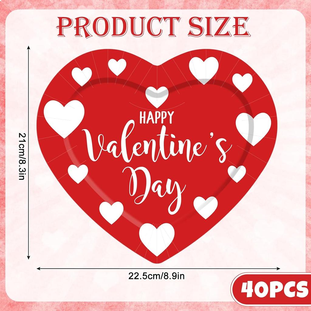 40Pcs Happy Valentine's Day Paper Plates Red Heart Shape Disposable Plates Decorative Dinner Dessert Plates for Wedding Anniversary Birthday Party