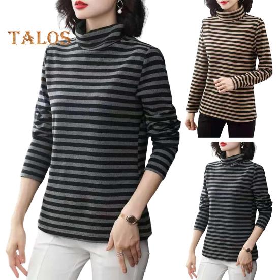 Women Bottoming Tops High Collar Long Sleeve Thickened Velvet Lining Pullover Tops Striped Print Tee Tops