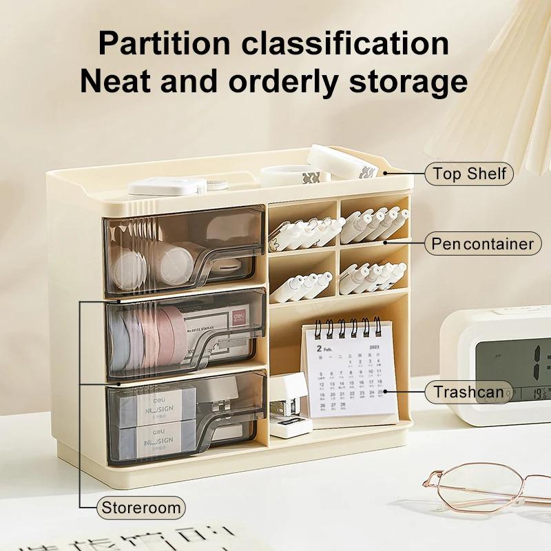 Multi-layer Drawer Type Household Storage , Office Transparent Large Capacity Cream Wind Stationery Storage Box