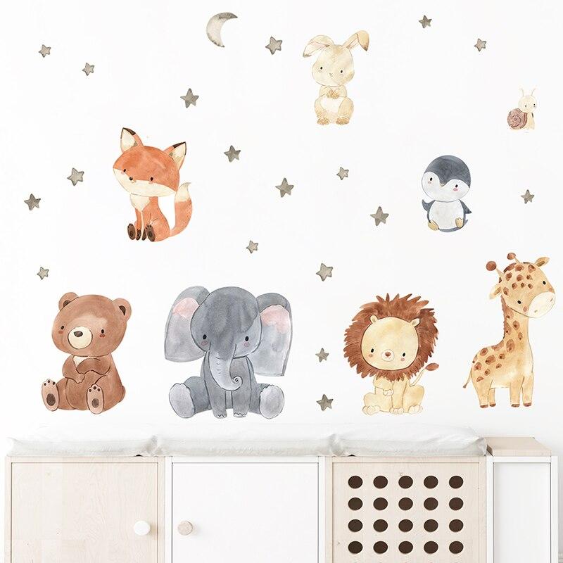 2PC Cartoon Cute Africa Animals Wall Stickers Elephant Giraffe Bear Fox Kids Room Kindergarten Home Decoration