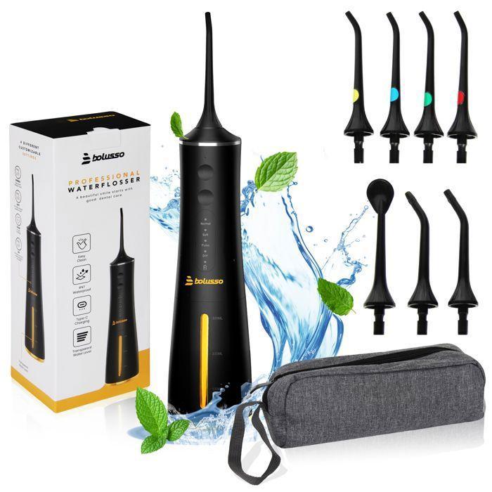 Bolusso Hydropulseur Dentaire Sans Fil – 7 Embouts Avec Étui De Voyage Et Livre Électronique, 4 Modes, Réservoir De 300 Ml, Gratte
