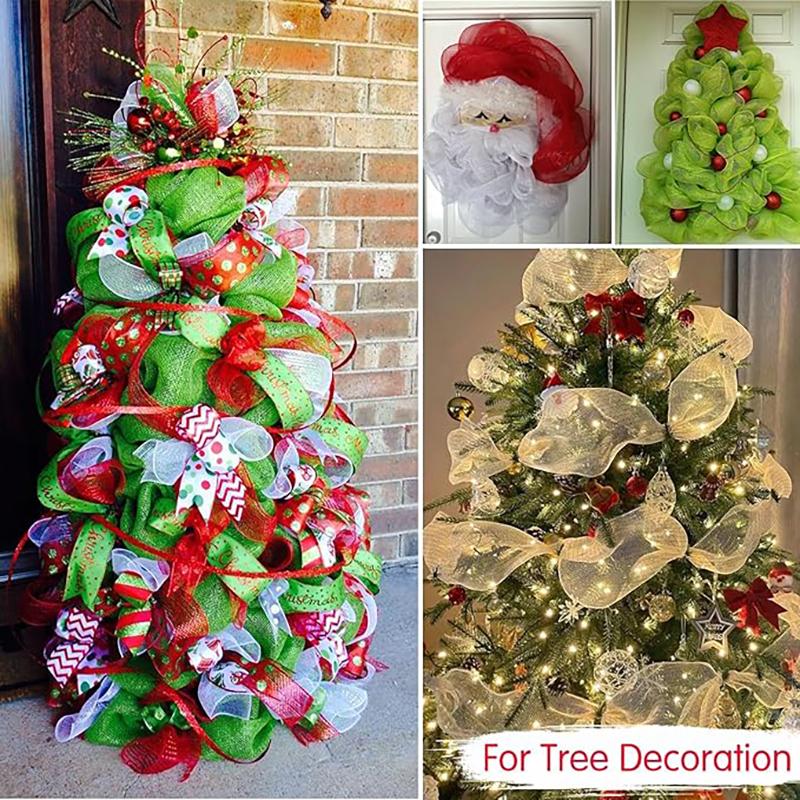 Golden Grid Ribbon Christmas Tree Decoration Mesh Tulle Roll Fabric Pendant For Christmas Decor Party Home Room Xmas Wreath Gift