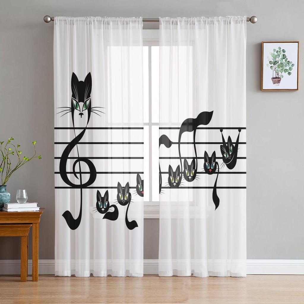 Cat Musical Note Stave Tulle Curtains For Living Room Bedroom Decor Chiffon Sheer Voile Kitchen Window Curtain