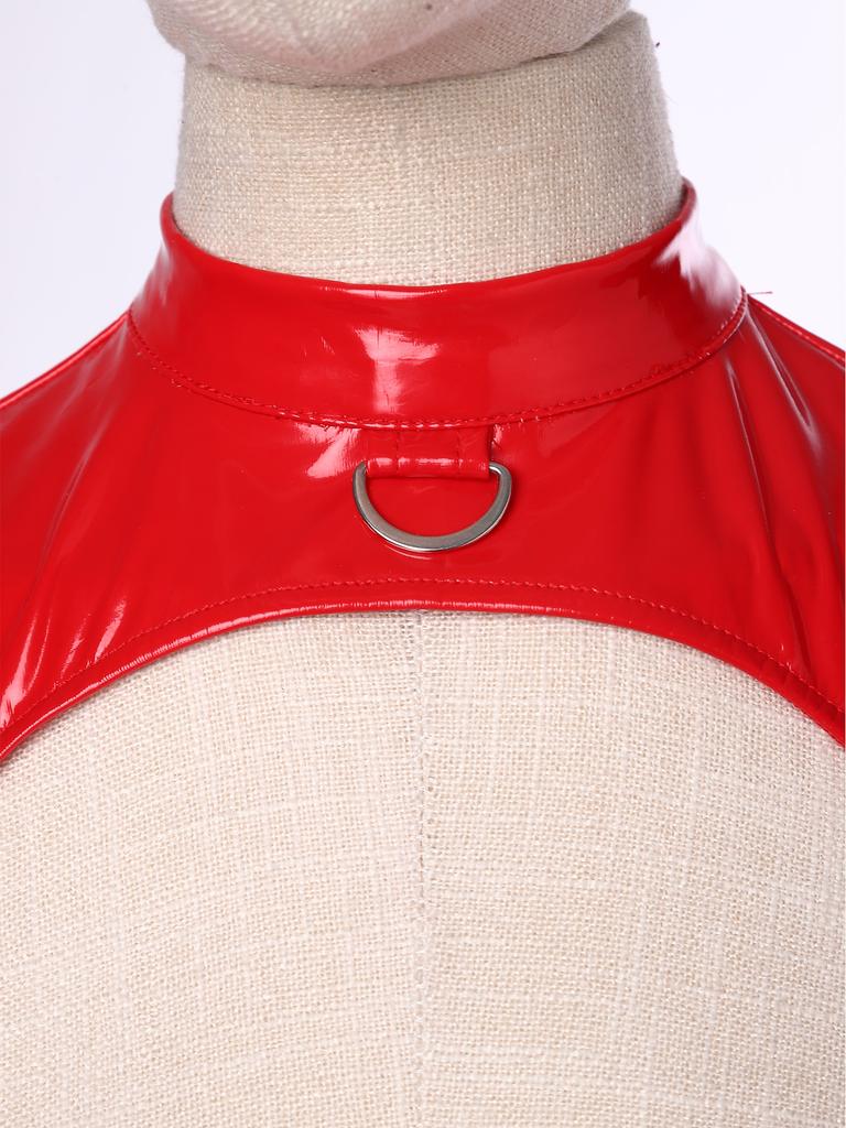 Womens Glossy Pu Leather Bodysuit Mock Neck Metal D Ring Open Front Backless High Cut Leotard