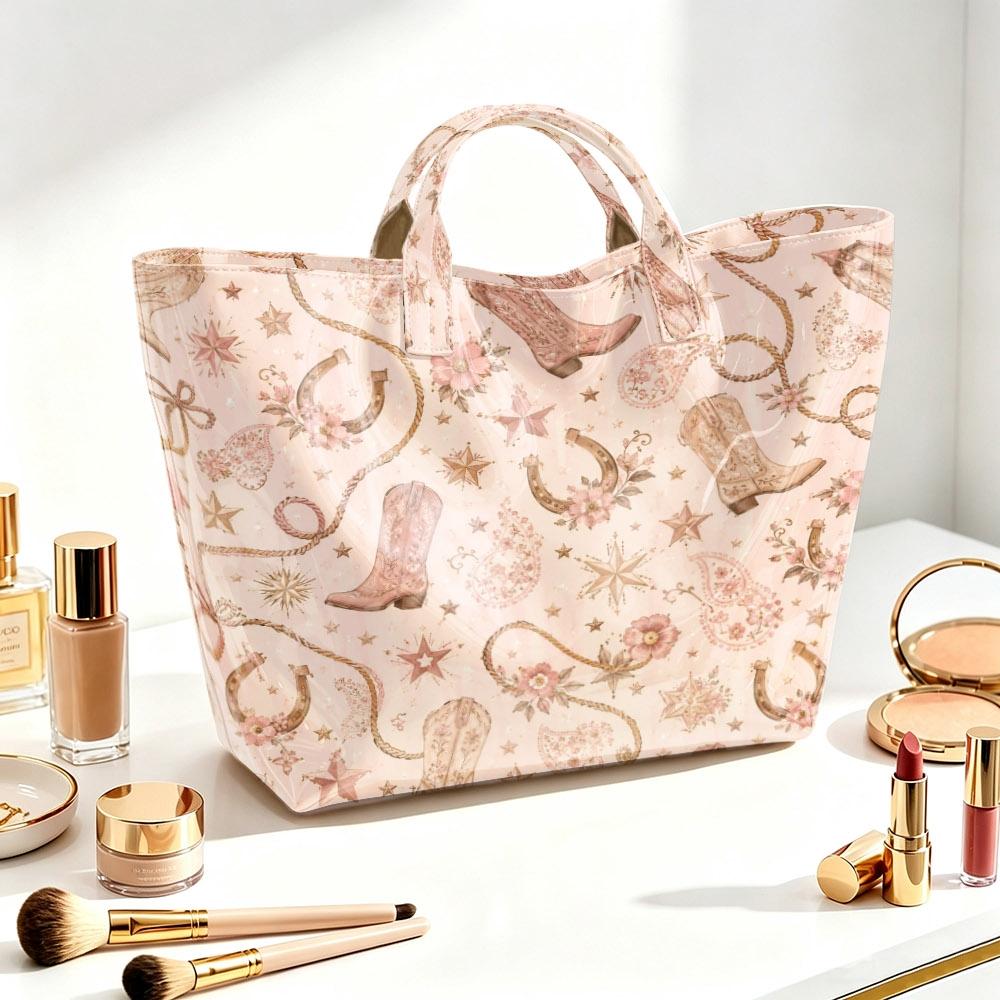 Women Pink Western Boots Print Tote Handbag, Bohemian Horseshoe Large Capacity Handbag, Country Style Daily Casual Purse