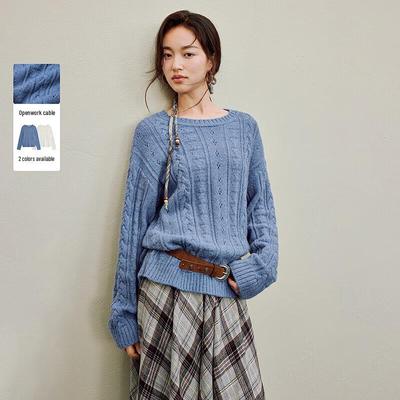 Yinman Damen lockerer Zopfmuster-Strickpullover mit Lochmuster