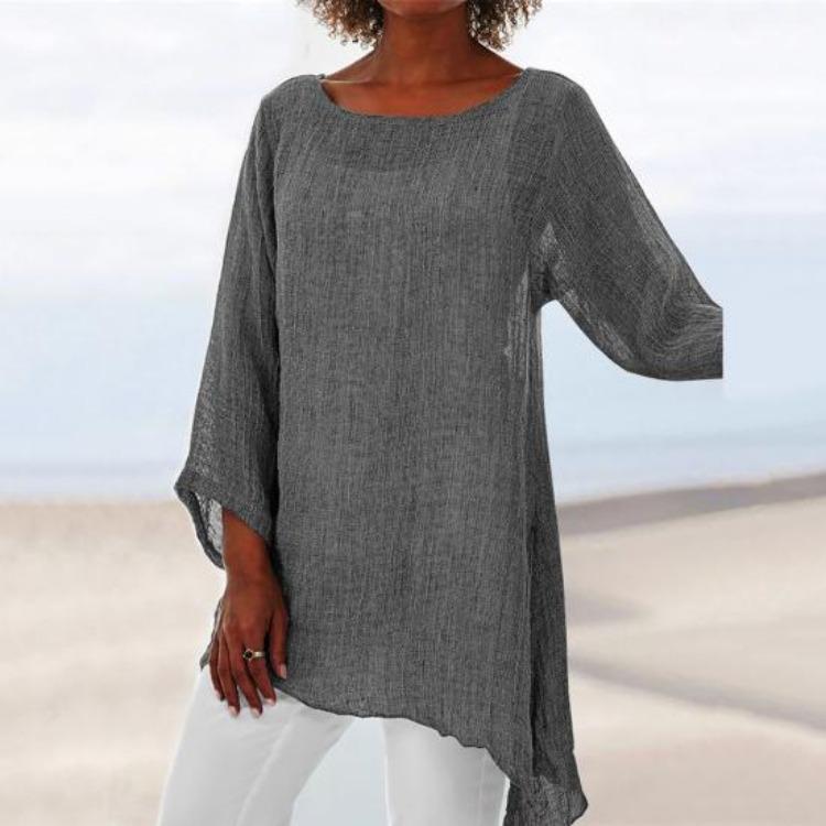 Autumn Chic Loose Pullover Blouse Long Sleeve O Neck Irregular Hem T Shirt Women
