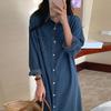 Korean Autumn Denim Long Sleeve Lapel Shirt Dress for Women