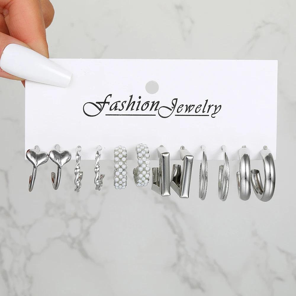 Boho Big Circle Hoop Earring Set for Women, Gold Color Bohemia Vintage Pearl Earring, Heart Zircon Ear Studs Jewelry Gifts