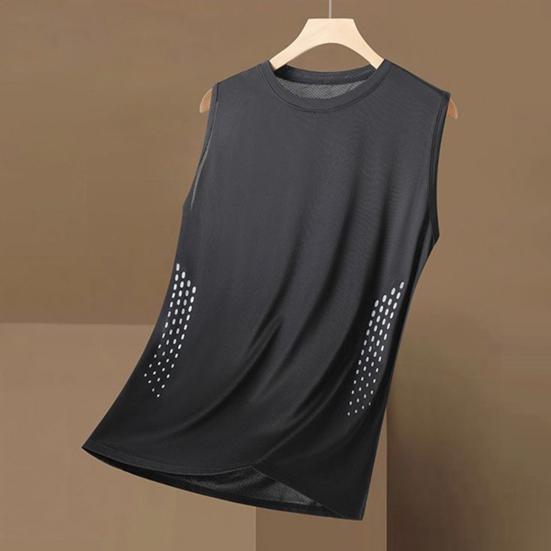 Men Vest Round Neck Sleeveless Breathable Holes Tank Tops Color Block Quick Drying Summer Ice Silk Camisole Fitness Training Activewear