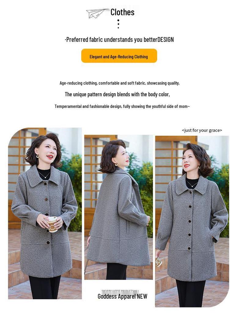 Spring Mid-Length Woolen Coat for Middle-Aged & Elderly Women - Casual Single-Breasted Cardigan with Small Lapel