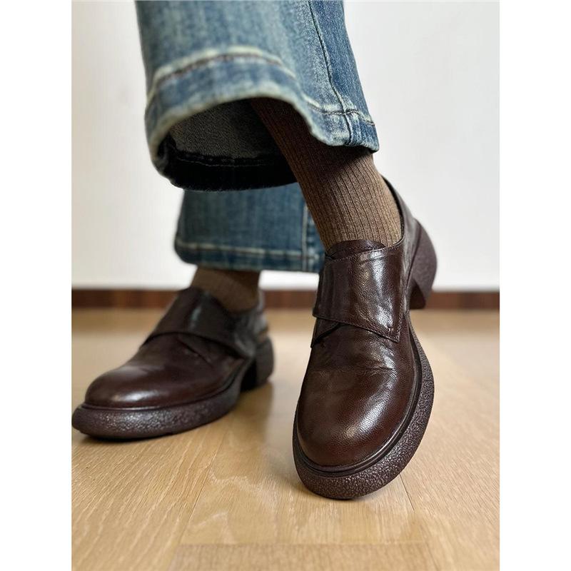 5cm stepping on shit~ Velcro girls versatile soft leather platform loafers women's British style small leather shoes deep mouth single shoes
