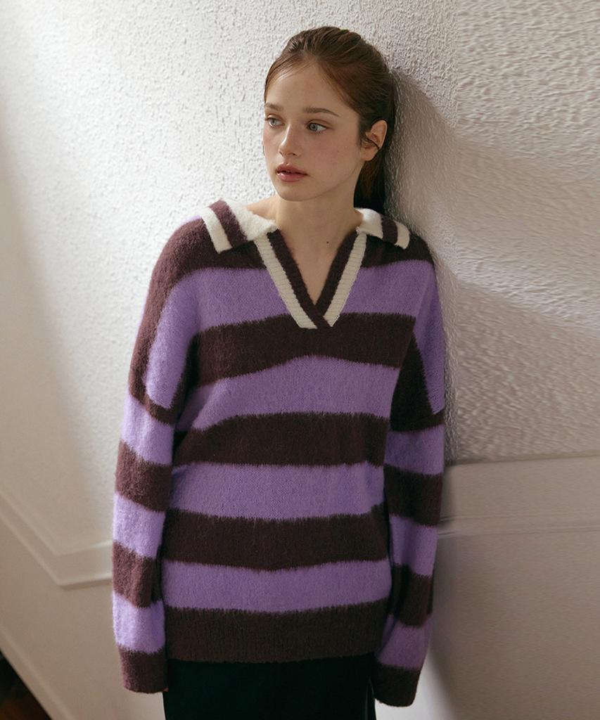 ODER Wool Striped Collar Pullover - Purple Brown