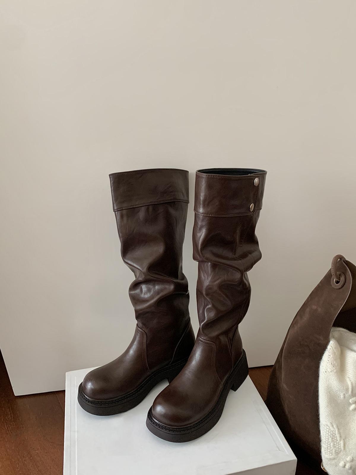 

Cowhide version~ grape ma height increase 5cm long boots three-dimensional round head thick sole thick heel snap button knight boots women s tal 40