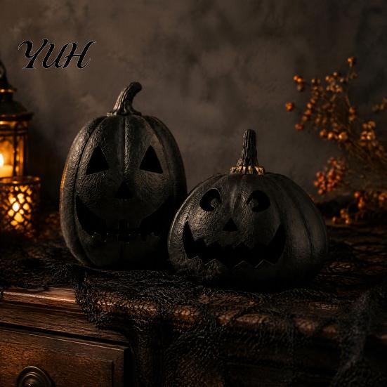 Unique Ghost Face Carving Halloween Pumpkin Figurine, Black Resin Spooky Sculpture, Decor Gothic Tabletop Centerpiece for Home Table Mantel Fireplace