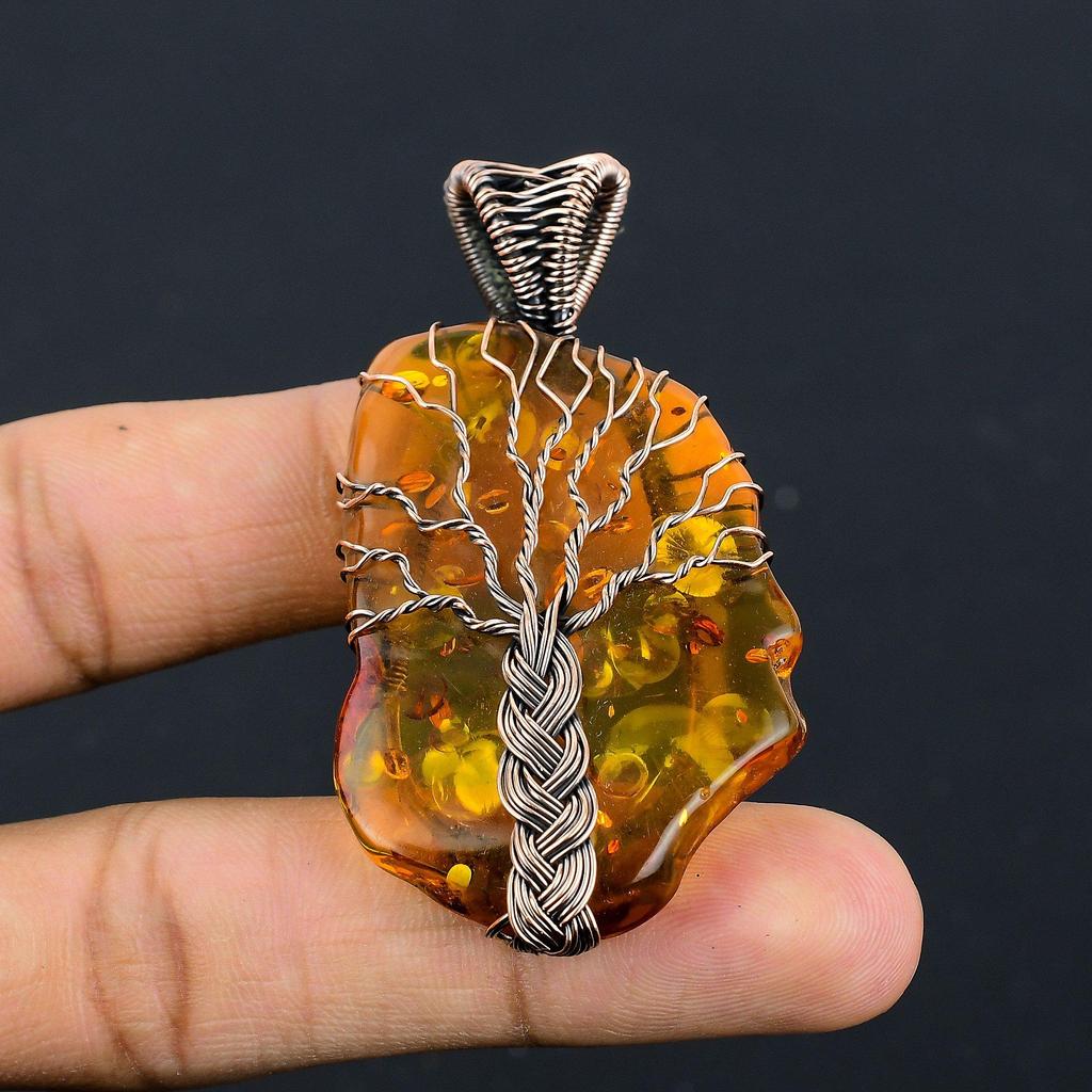Baltic Amber Pendant, 999 Copper Wire Wrapped Gemstone Jewelry, Handmade Pendant For Mother Day