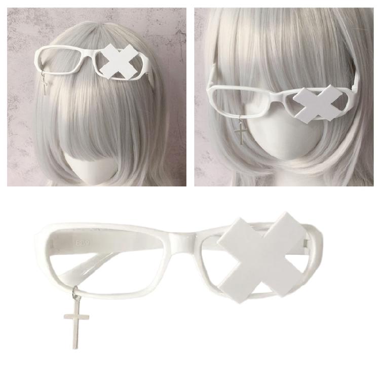 Anime Cosplay Costume Subcultures Crucifix Glasses Frame Funny Novelty Eyewear Gothic Crosses Glasses Frame White