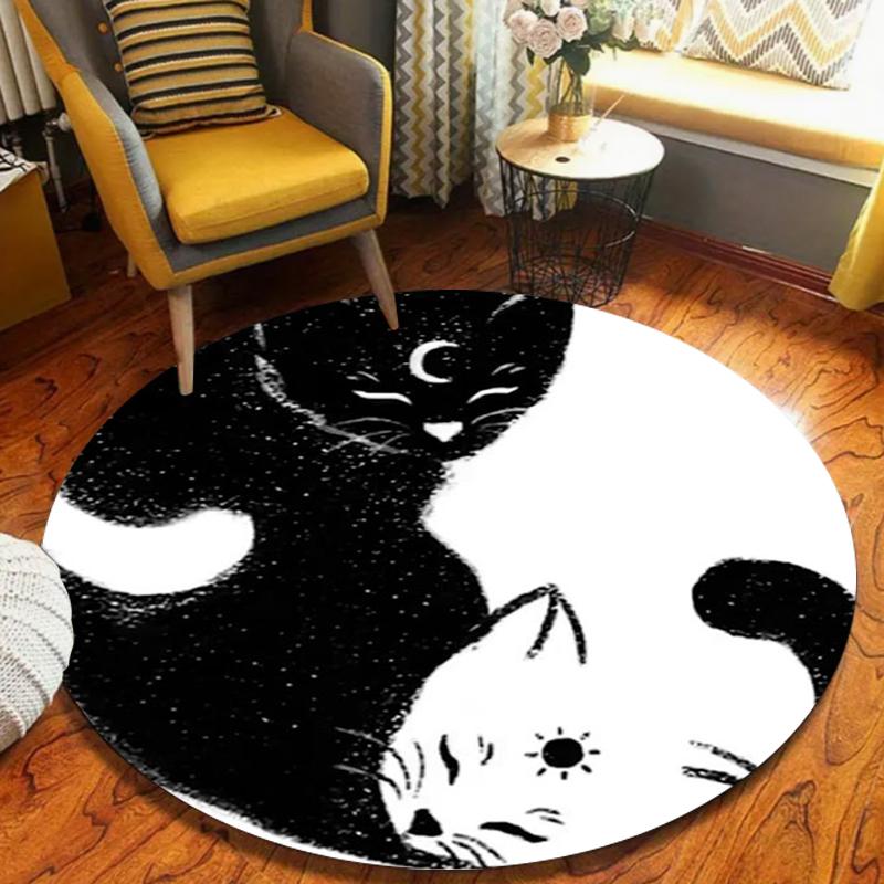 Yin Yang Cat Round Rug Sleeping Kitten Pattern Cute Home Decor Carpet Soft Non-Slip Floor Mat for Living Room Bedroom
