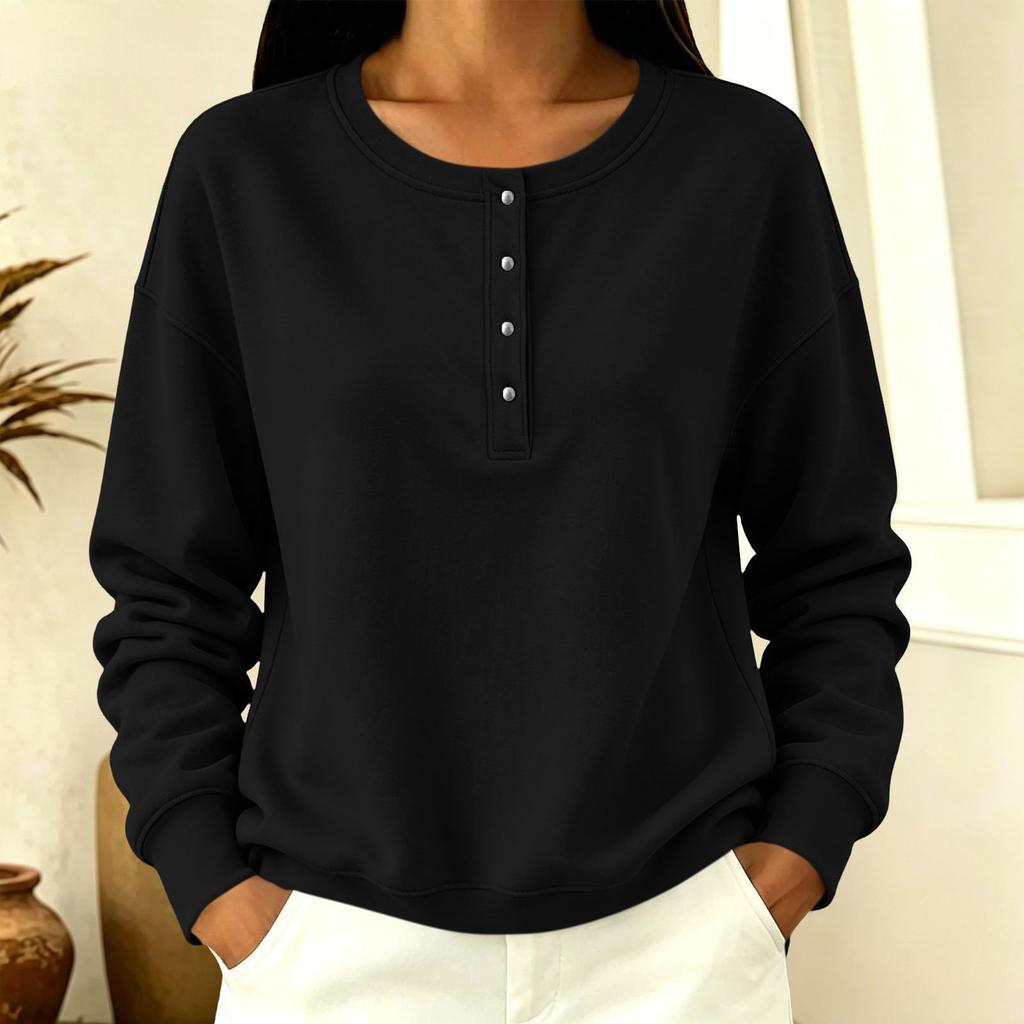 Women's Button Front Neck Pullover Sweatshirt Long Sleeve Color