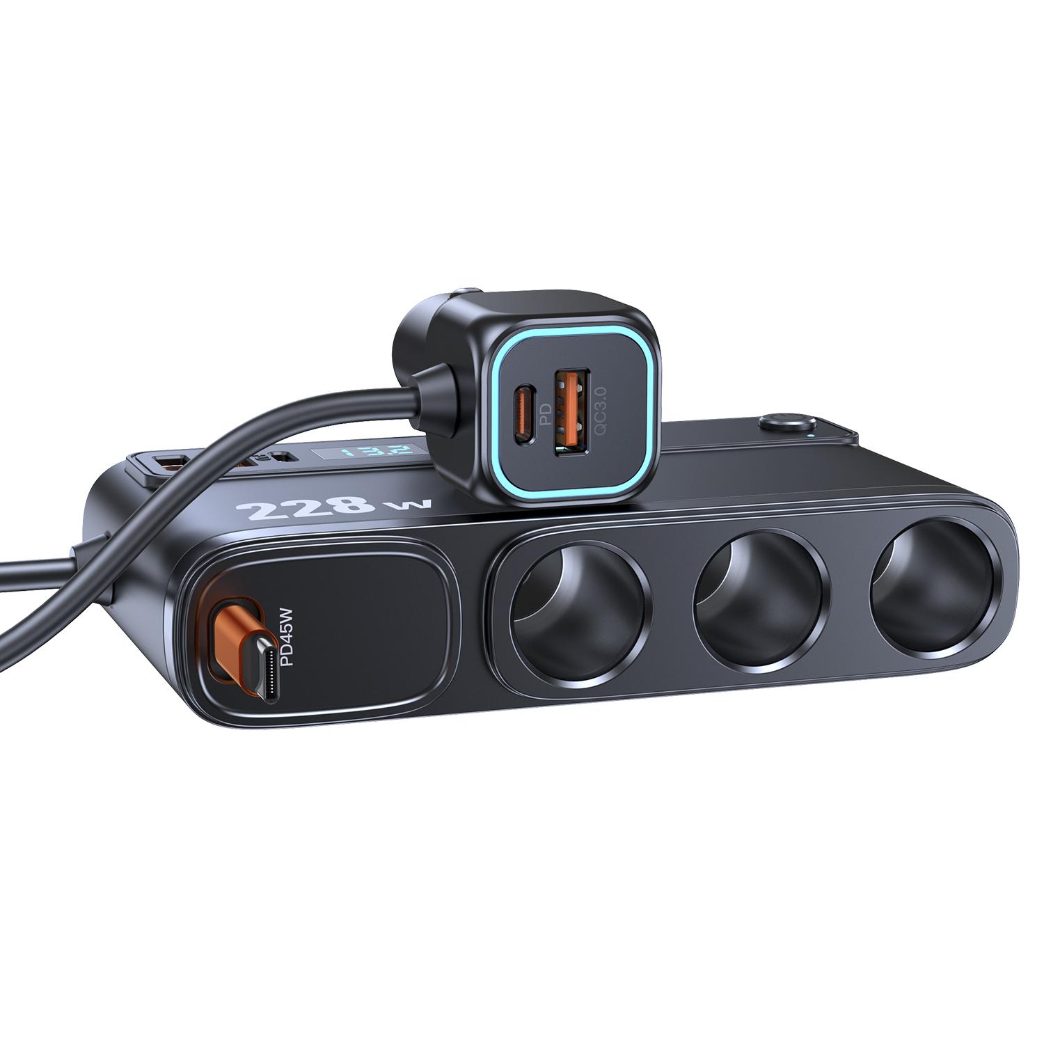 

Разветвитель прикуривателя на 3 гнезда 9 в 1 Адаптер автомобильного зарядного устройства с PD3.0*2+QC быстрая зарядка, 228 Вт 12 В/20 В Независимые переключатели DC для всех автомобилей