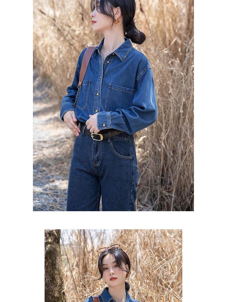 Petite Retro Dunkelblaues Denim-Langarmhemd zum Lagenlook - Herbst- & Winter-Pendlerstil